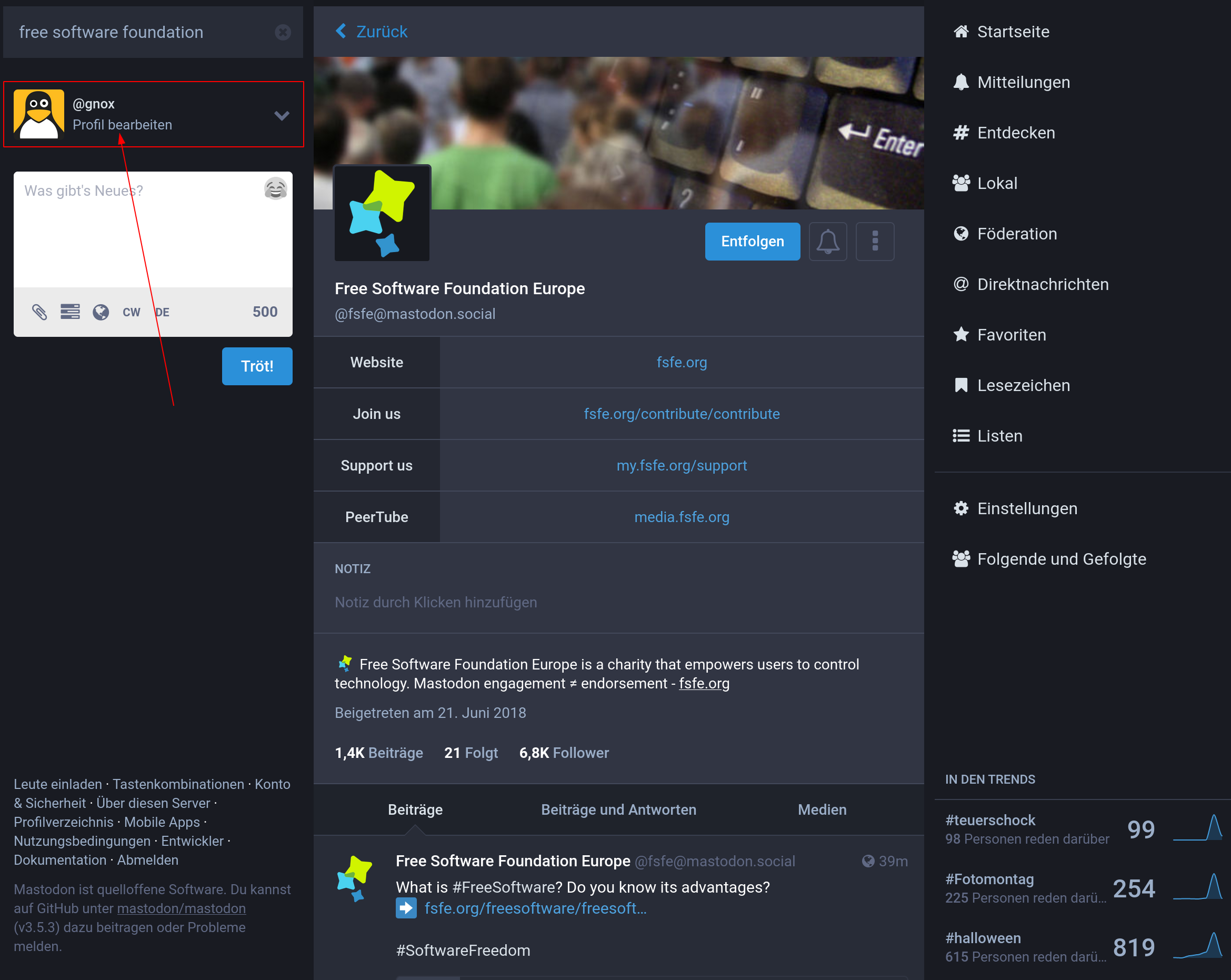 Mastodon Profil bearbeiten: Daten importieren und exportieren